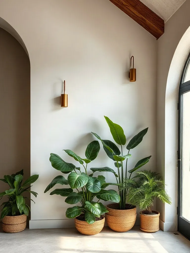 Architectural sconces highlighting indoor plants in a boho living room