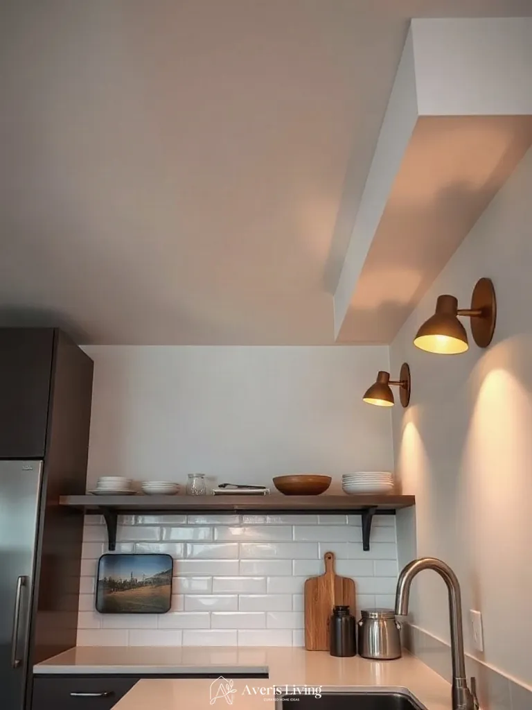 Architectural sconces casting warm light over affordable kitchen storage
