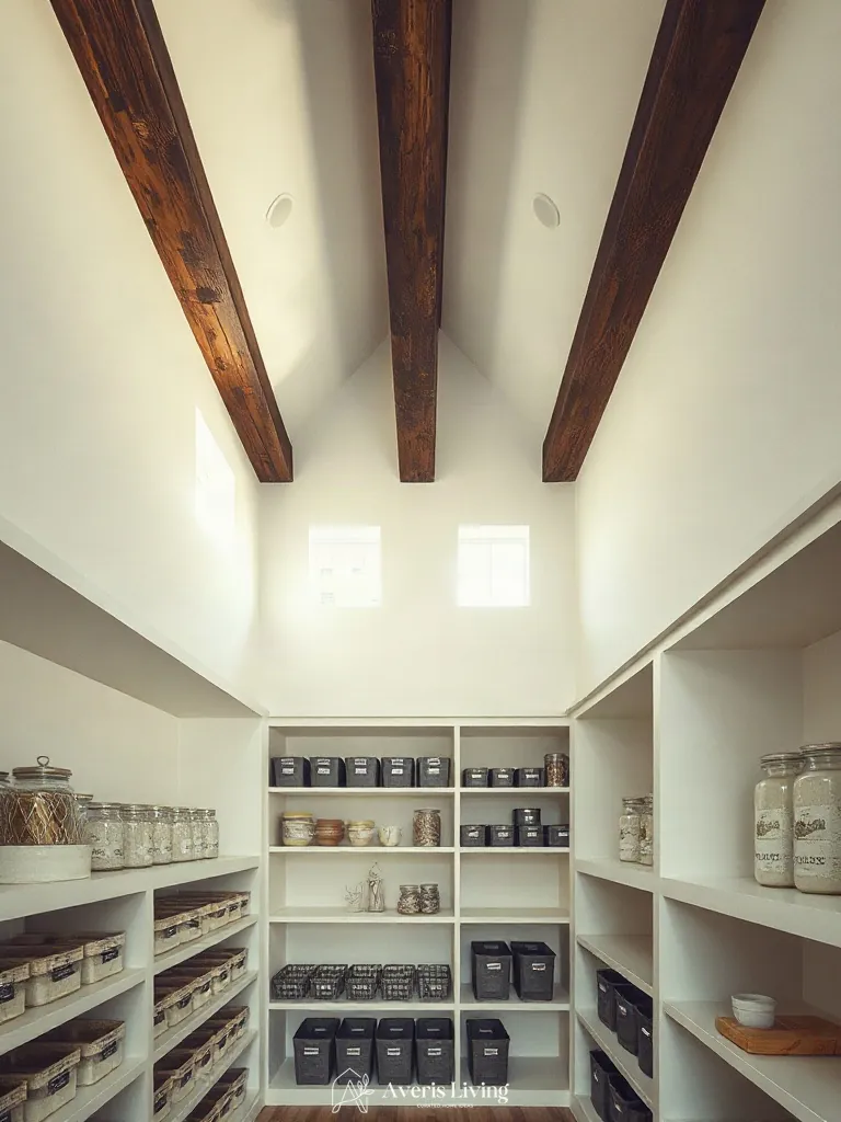 Ceiling architecture framing a modern pantry with organization bins and labels.