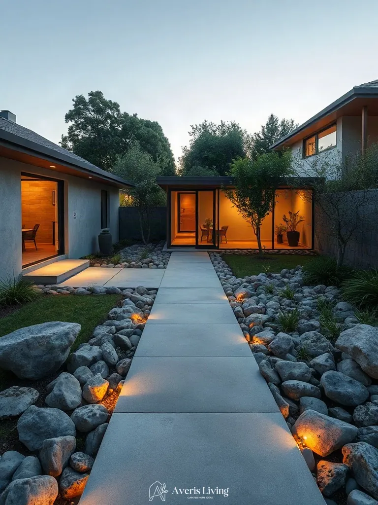 Architectural traffic circulation with stone stepping stones in low maintenance backyard landscaping.