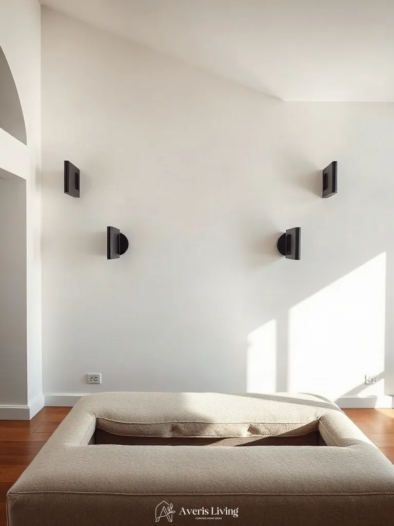 Minimalist architectural wall sconces casting light across a neutral storage ottoman