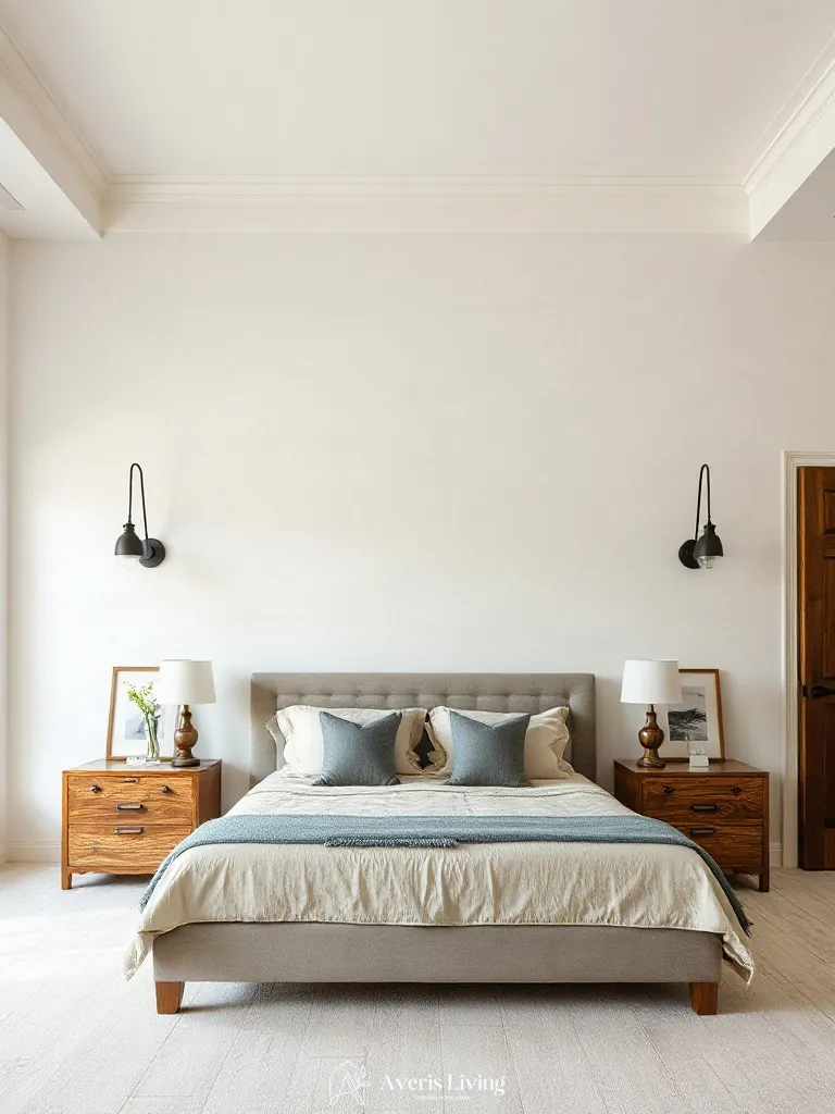 Architectural wall sconces in a farmhouse master bedroom aesthetic
