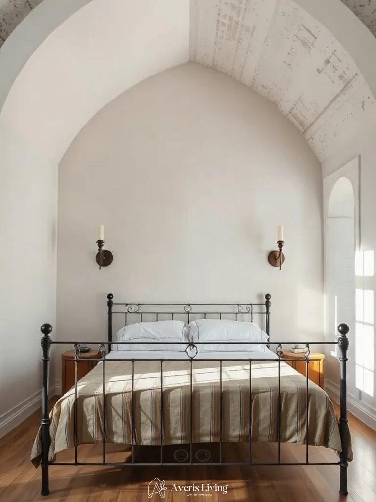 Architectural wall sconces lighting an iron bed frame styling display