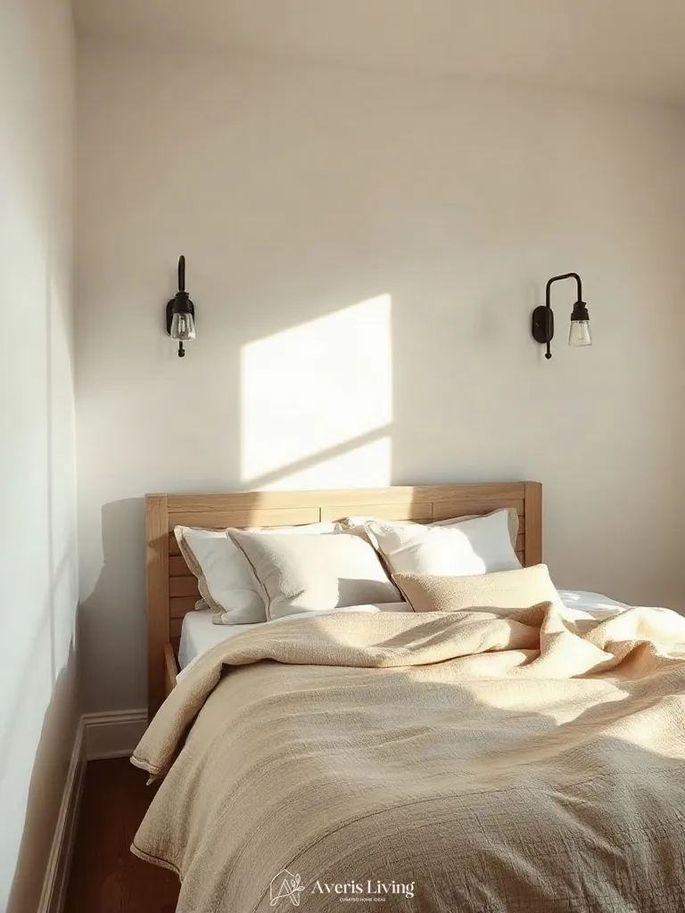 Architectural wall sconces casting soft light over neutral farmhouse bedding sets