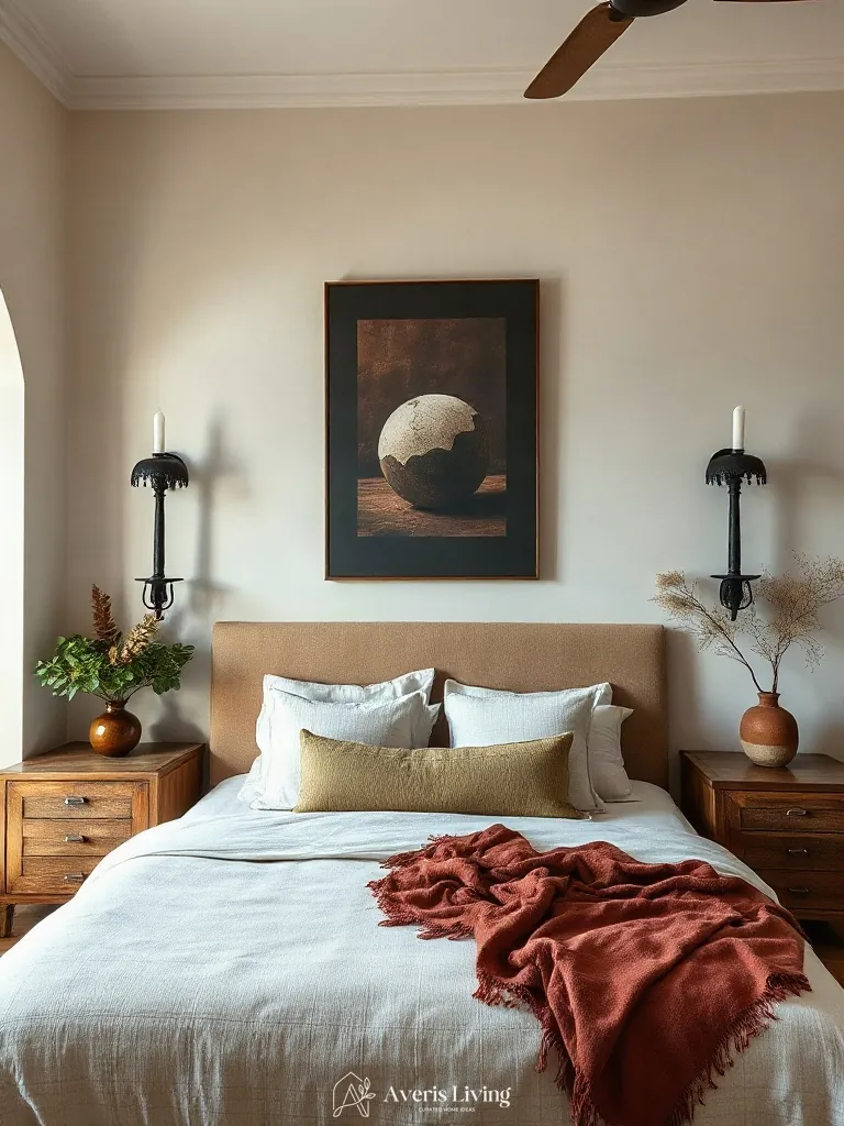 Architectural wall sconces in an earthy boho bedroom aesthetic