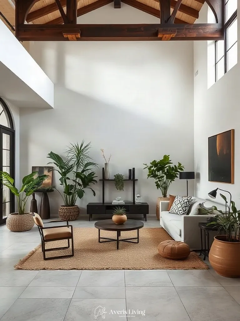 Complete editorial composition of indoor plants in a boho living room