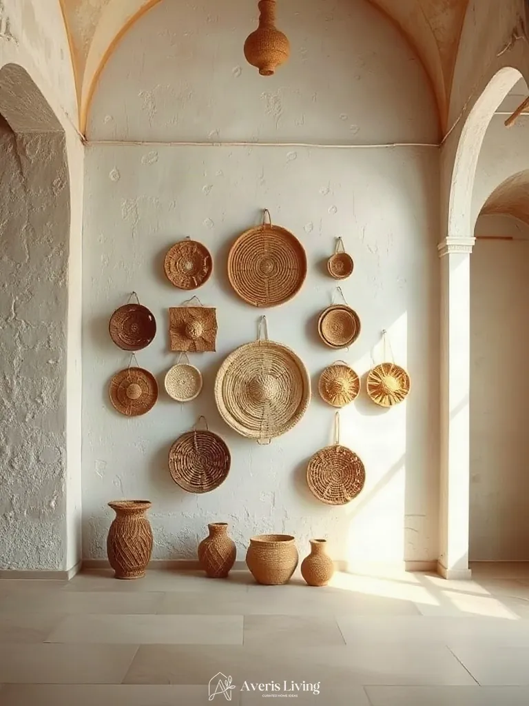 Artfully styled editorial woven basket wall display in a modern interior.
