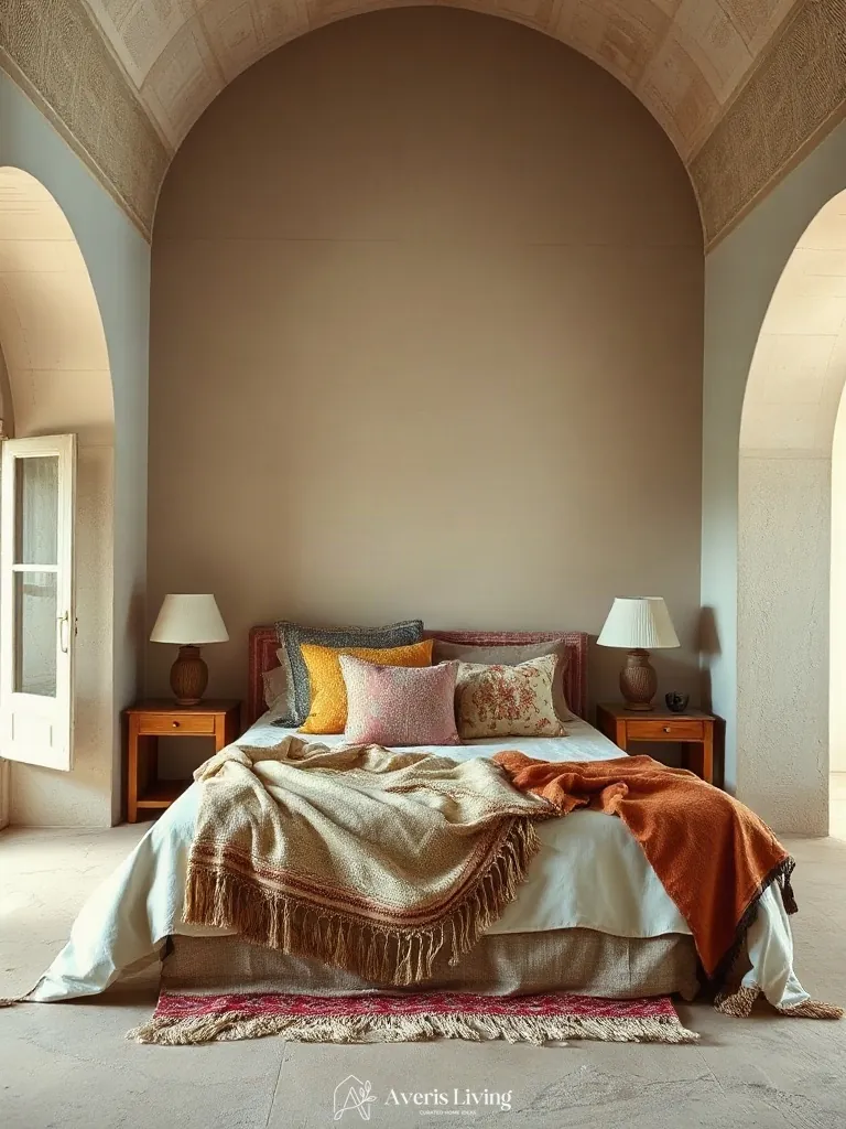 Artful editorial styling of colorful bohemian bedding