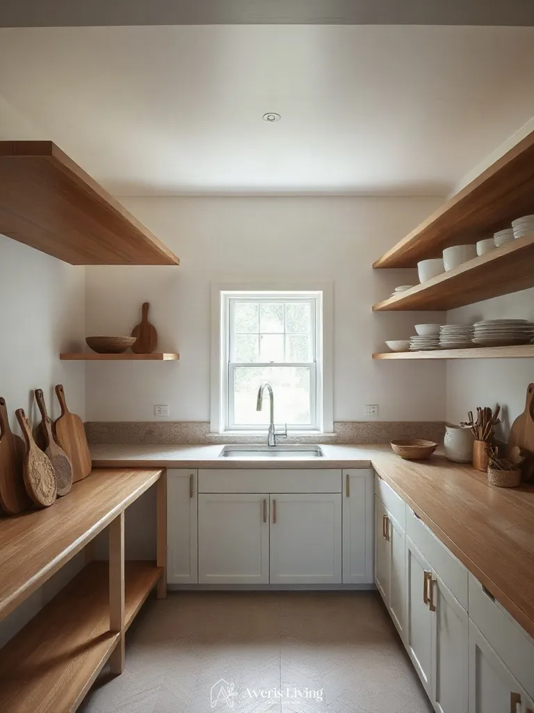 Editorial styling in an open shelving farmhouse kitchen