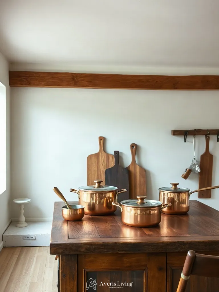 Artful editorial styling and props arranged on a rustic wood kitchen island.