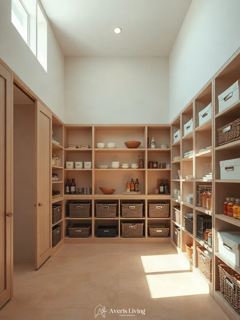 Artfully styled architectural pantry featuring pristine organization bins and labels.