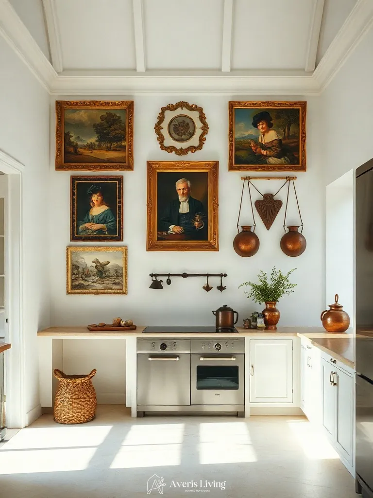 Artful editorial styling of vintage kitchen wall decor