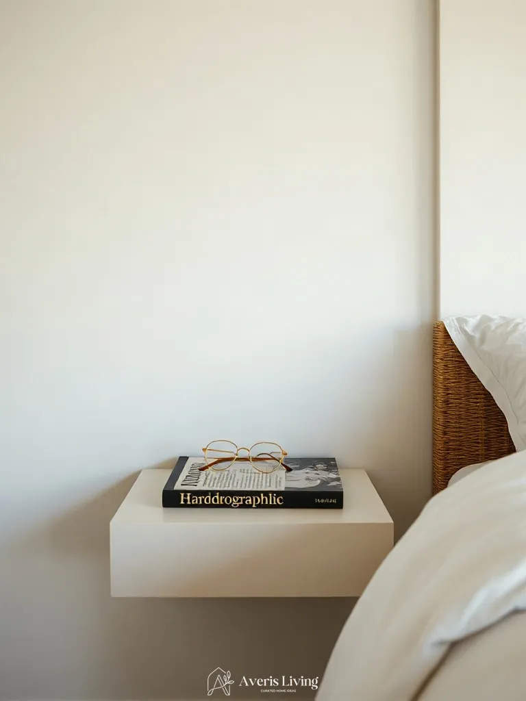 Artful editorial styling on floating nightstand in a pristine small bedroom