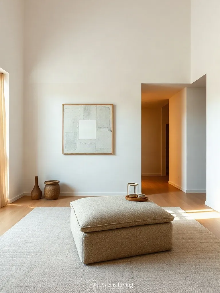 Meticulously styled minimalist living space featuring a textured wool storage ottoman
