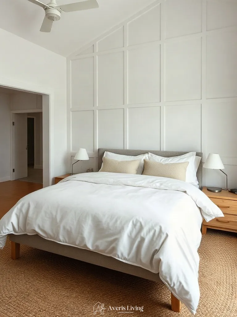 Minimally styled master bedroom featuring pristine neutral farmhouse bedding sets