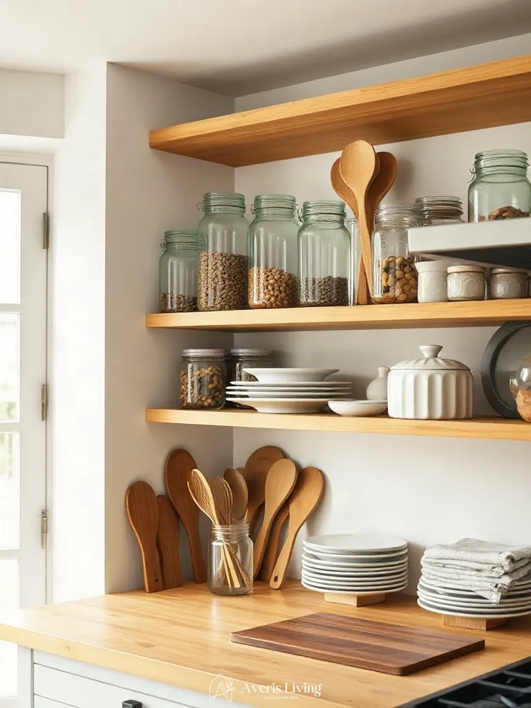 Artful styling of everyday pantry essentials on affordable kitchen storage shelves