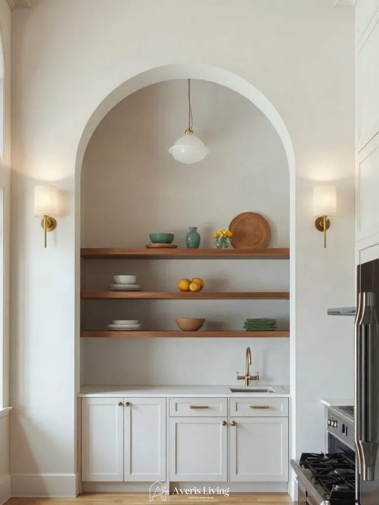 Architectural wall sconces in an open shelving farmhouse kitchen