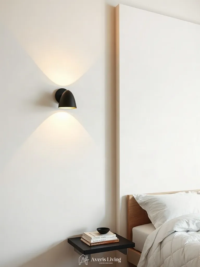 Articulated architectural wall sconces above floating nightstands in small bedroom