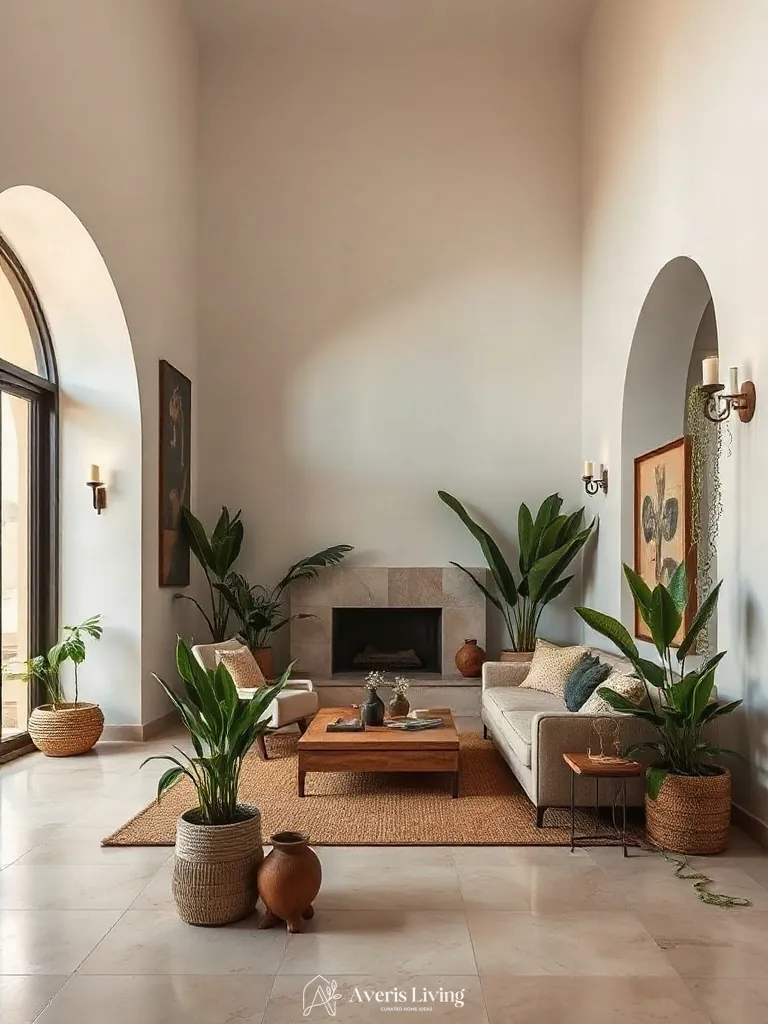 Asymmetrical floor plan featuring diverse indoor plants in a boho living room