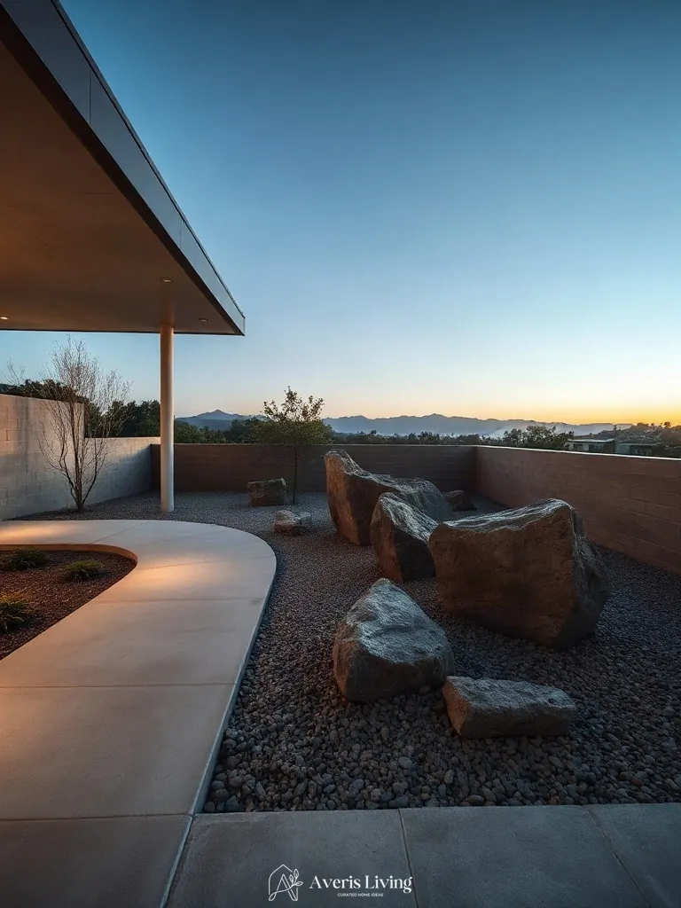 Authentic mineral textures and basalt rocks in low maintenance backyard landscaping.