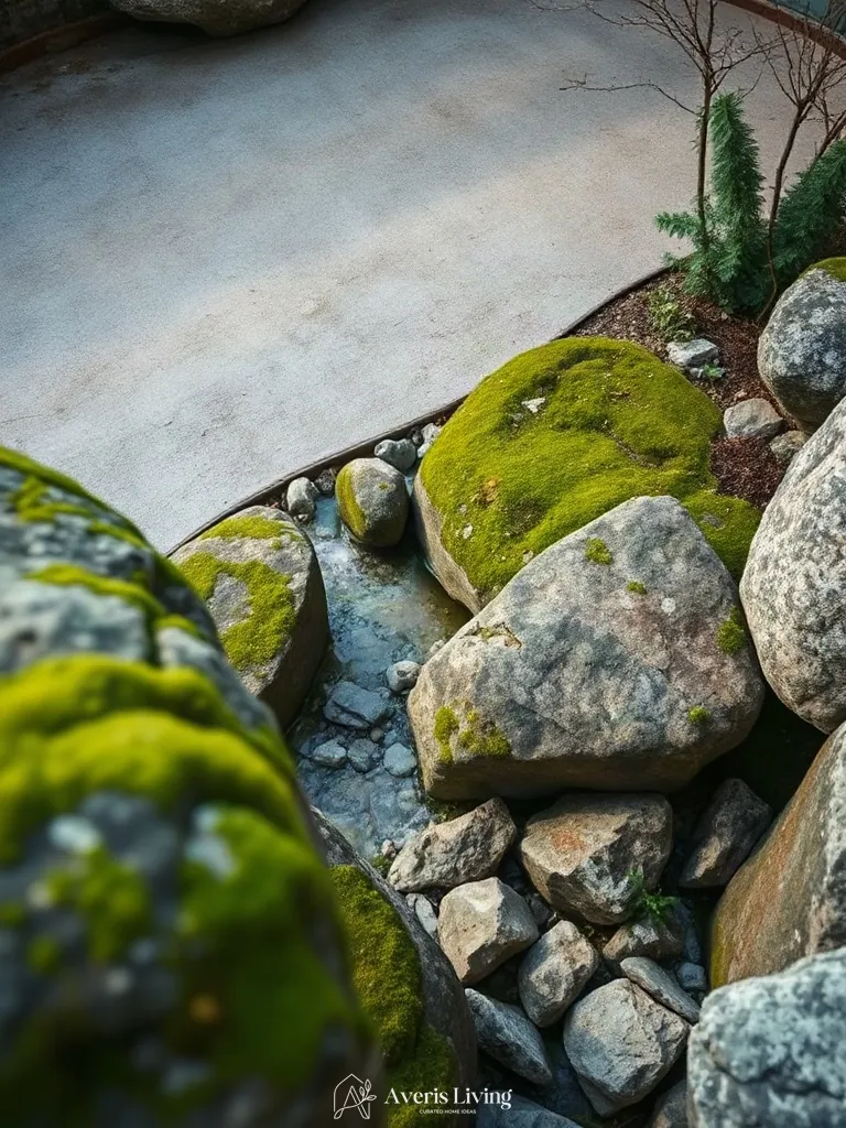 Mineral textures and boulders in fairy backyard landscaping makeover