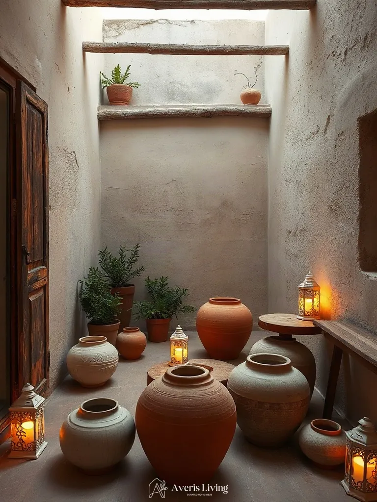 Authentic mineral textures and raw clay finishes on a bohemian balcony decor terrace.