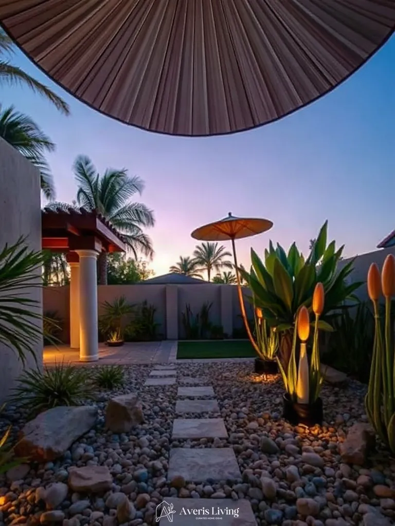 Mineral textures and river rock in tropical backyard flower bed design inspiration