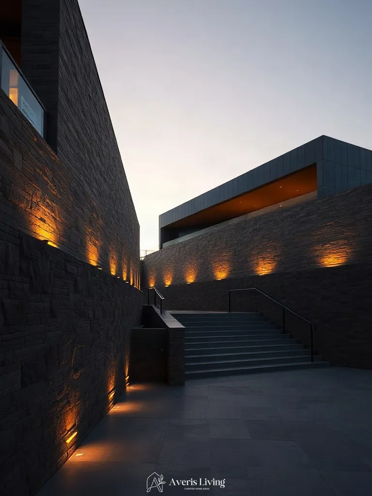 Backlit modern retaining wall in evening setting