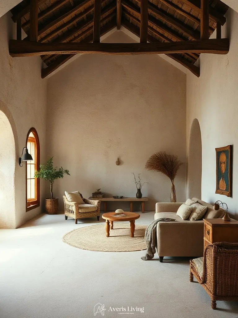 Asymmetrical furniture composition in an earthy boho bedroom aesthetic