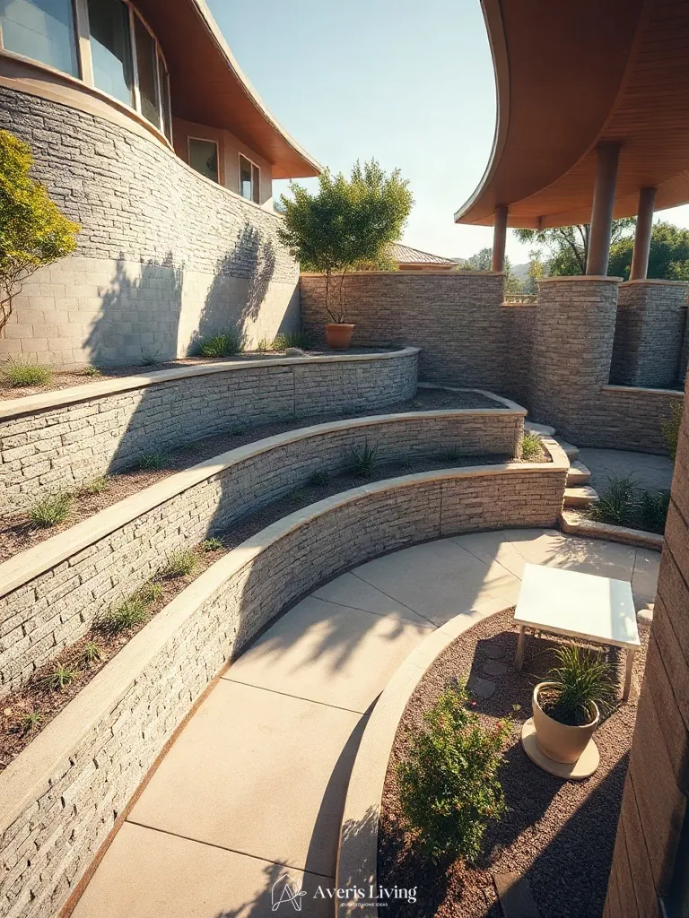 Balanced ground-plane geometry and curved contours in a backyard retaining wall