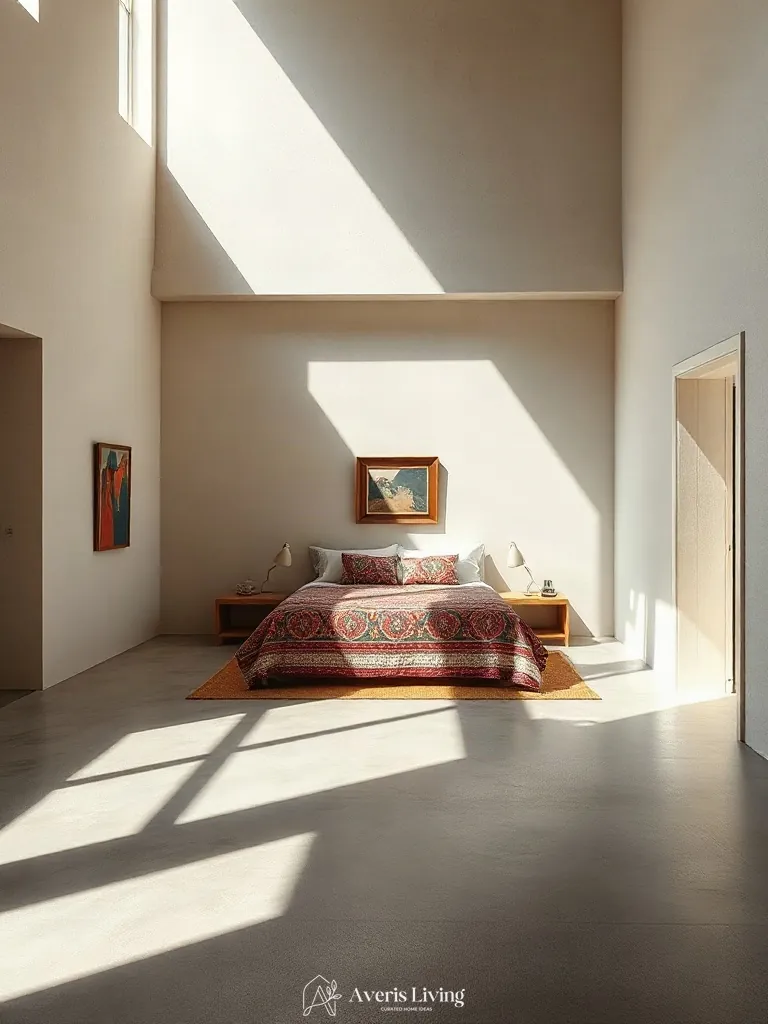 Open bedroom layout prioritizing circulation around colorful bohemian bedding
