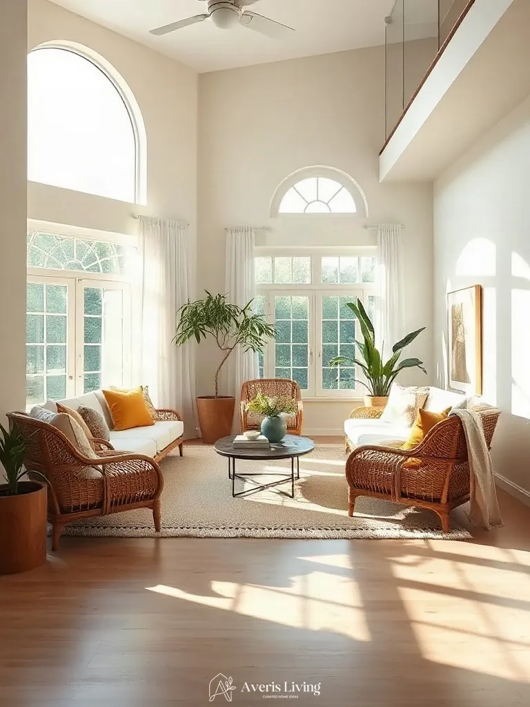 Daylight and warm interior lighting enhancing rattan furniture living room styling
