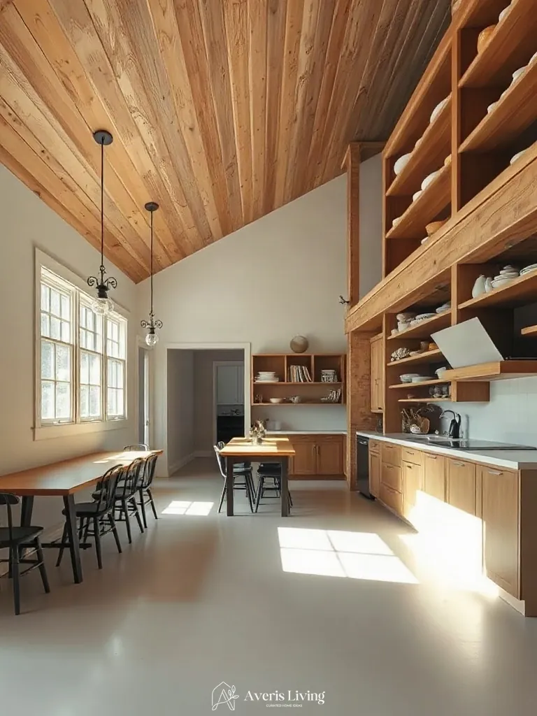 Circulation and layout balance in an open shelving farmhouse kitchen