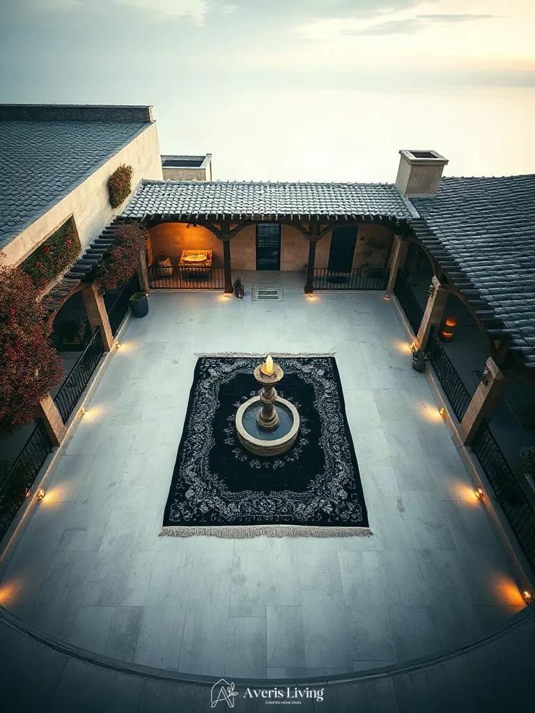 Concrete terrace balanced with an outdoor rug boho style island