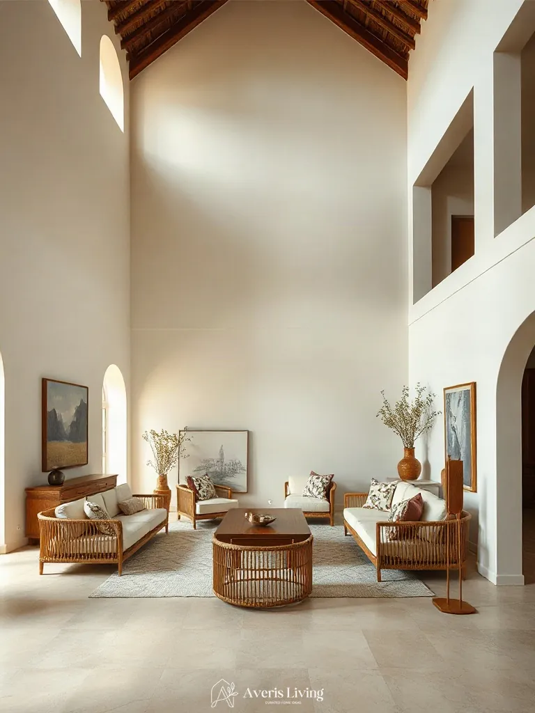 Double-height modern living room featuring balanced rattan furniture living room styling