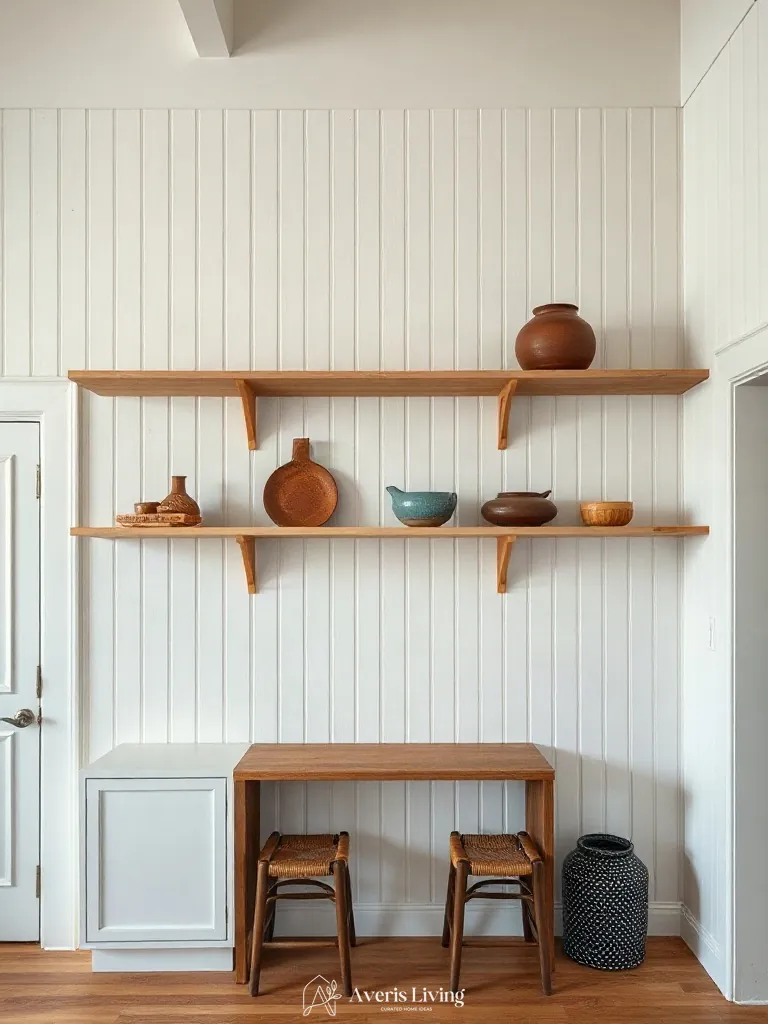 Open shelving and vintage kitchen wall decor balance