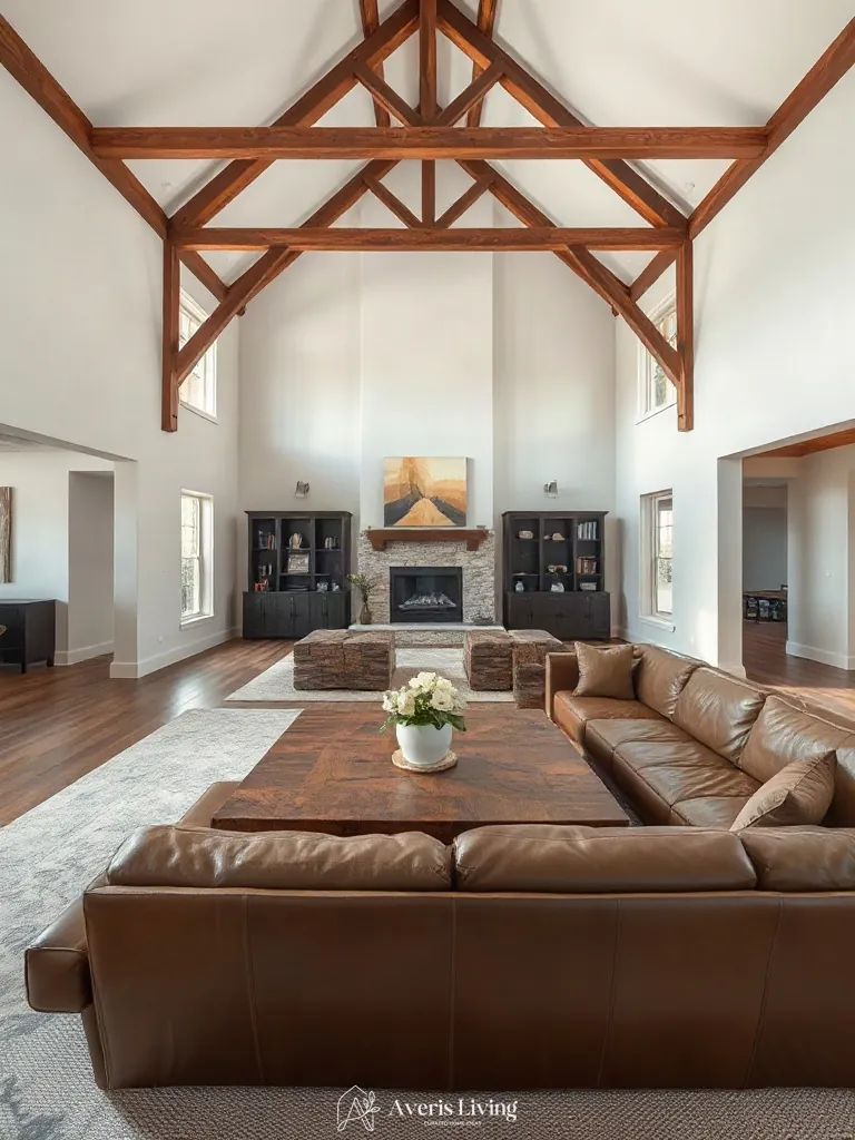 Balanced proportions in a grand great room featuring rustic wood coffee table ideas