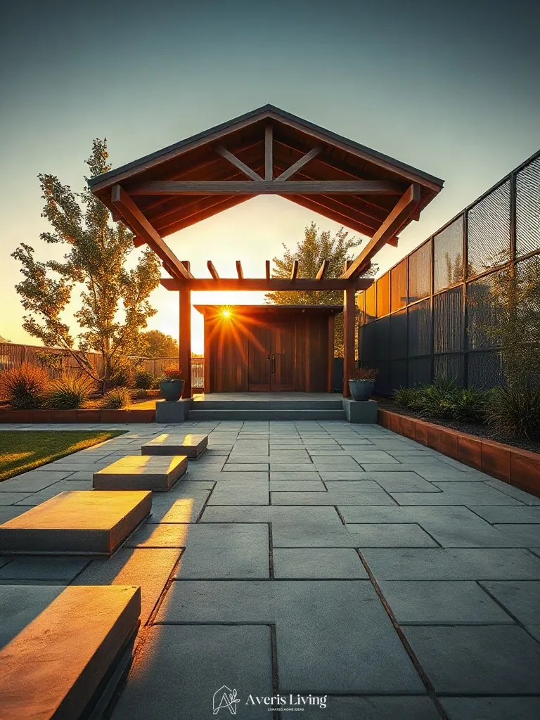 Balance of raw concrete and warm timber in a backyard gazebo design