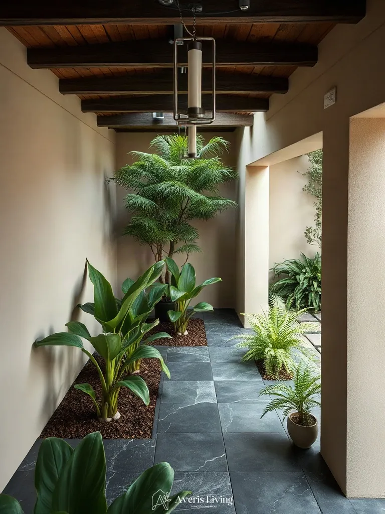 Raw slate and foliage in tropical backyard flower bed design inspiration