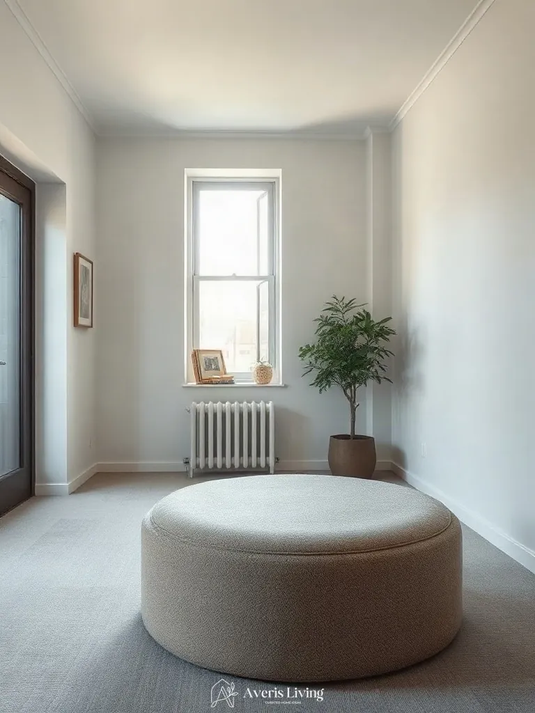 Compact urban living room utilizing a well-proportioned round storage ottoman