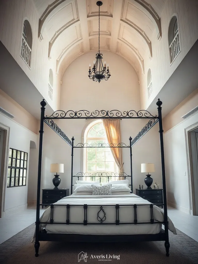 Proportion and scale in a double-height bedroom with an iron bed frame