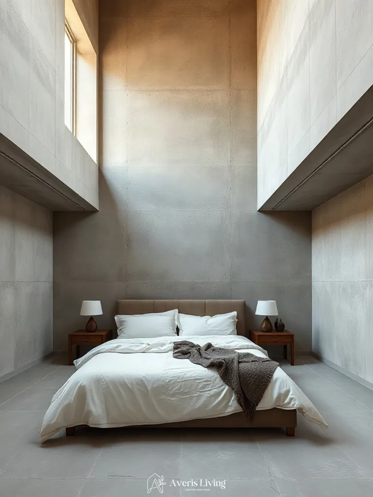 Double-height bedroom volume balanced by oversized neutral farmhouse bedding sets