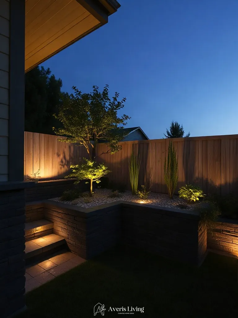 Layered lighting on shaded retaining wall