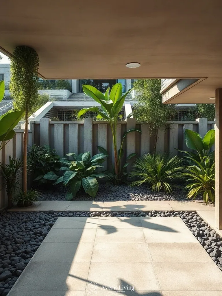 Concrete pavers and river rock texture in a tropical backyard herb garden before and after
