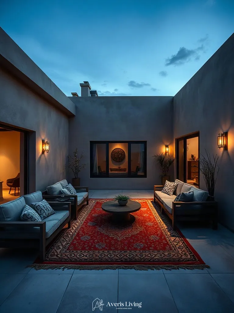 Twilight sky contrast over a warm outdoor rug boho style