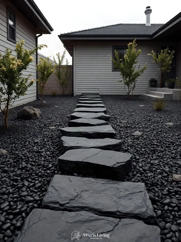 Basalt modern backyard stepping stones design with dark slate accents
