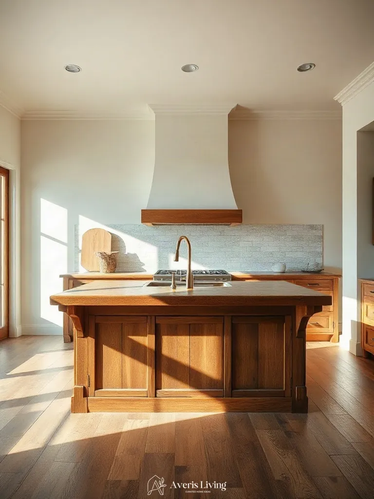 Detailed architectural joinery and shadow lines on a rustic wood kitchen island.