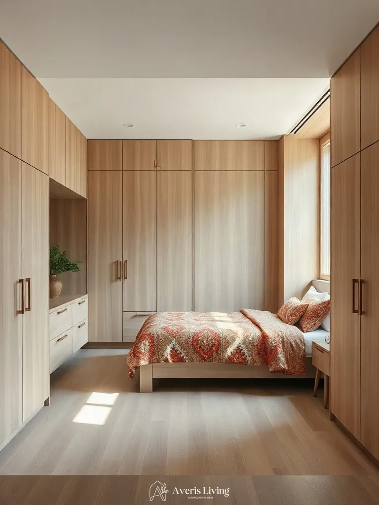 Bespoke built-in cabinetry beside colorful bohemian bedding