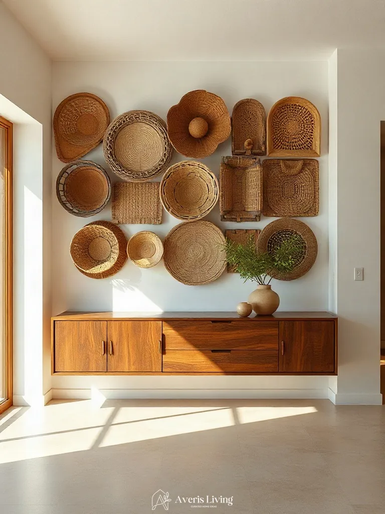 Floating walnut credenza paired with a woven basket wall display.