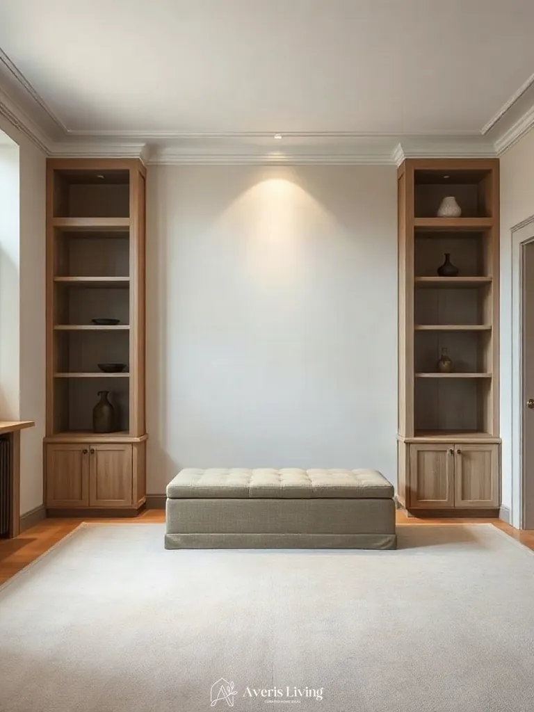 Custom millwork wall units paired with a hydraulic-lift storage ottoman
